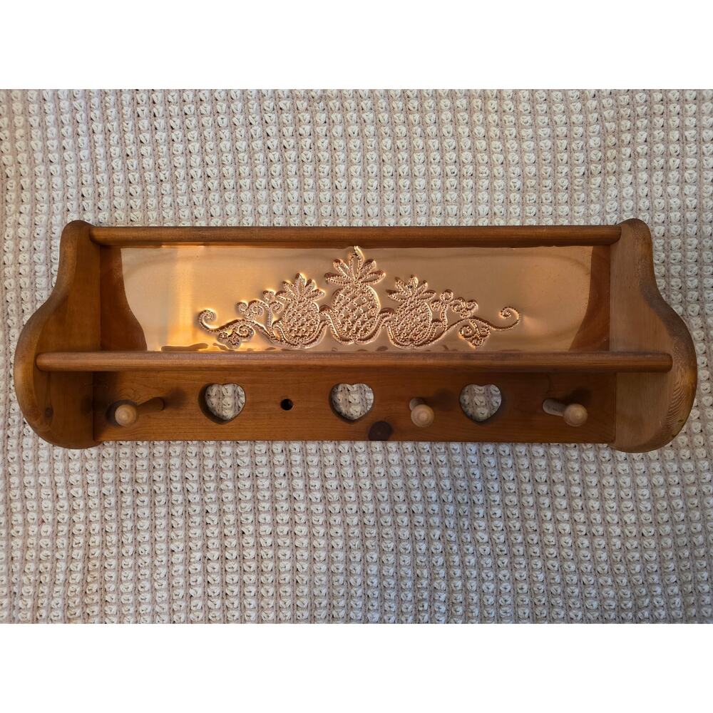 Vintage Wooden Punched Copper Pineapple Wall Shelf with Heart Cutouts & Pegs EUC